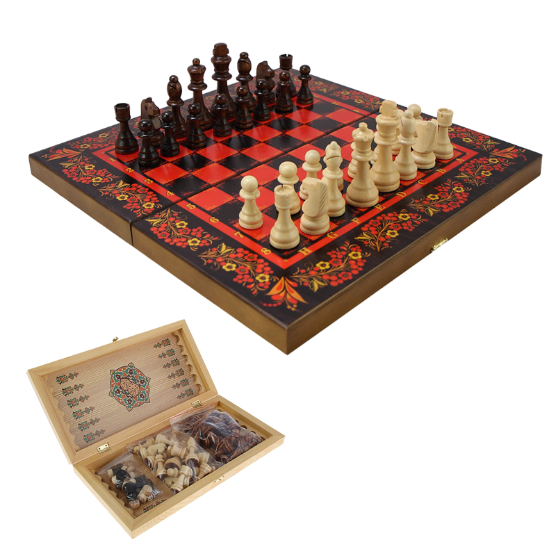 Набор игр шахматы нарды, шашки с доской Хохлома красная