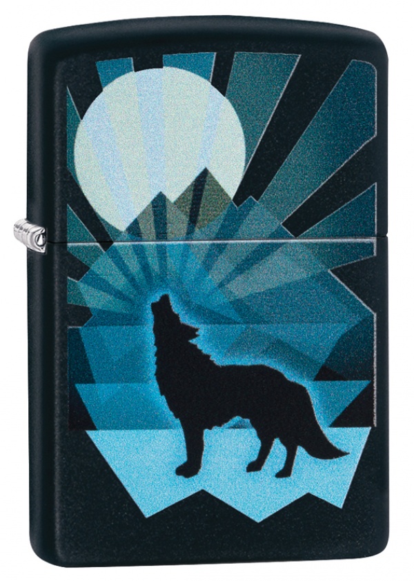 Зажигалка ZIPPO Wolf and Moon с покрытием Black Matte, латунь/сталь, чёрная, матовая, 36x12x56 мм