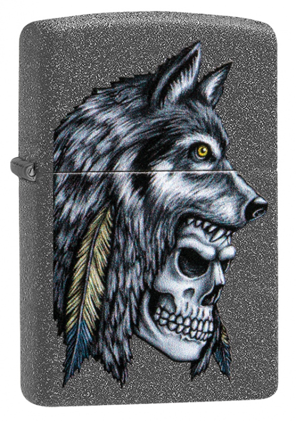 Зажигалка ZIPPO Wolf Skull с покрытием Iron Stone™, латунь/сталь, серая, матовая, 36x12x56 мм
