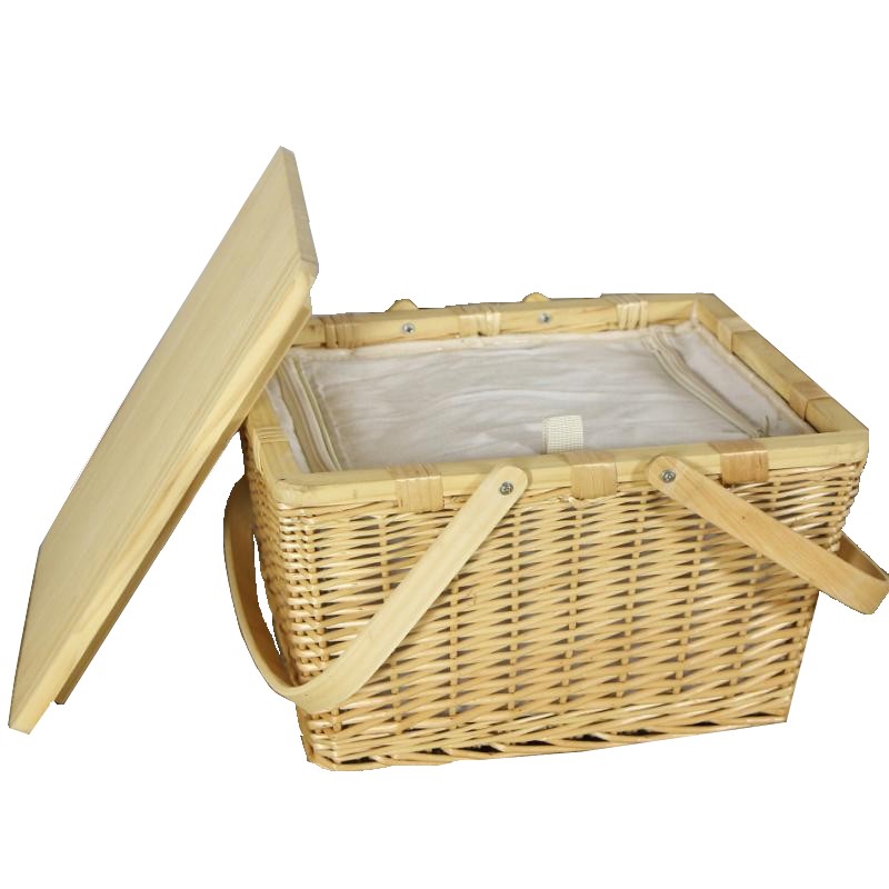 Корзина для пикника с термо-сумкой с деревянной крышкой и ручками 40*30*25 см